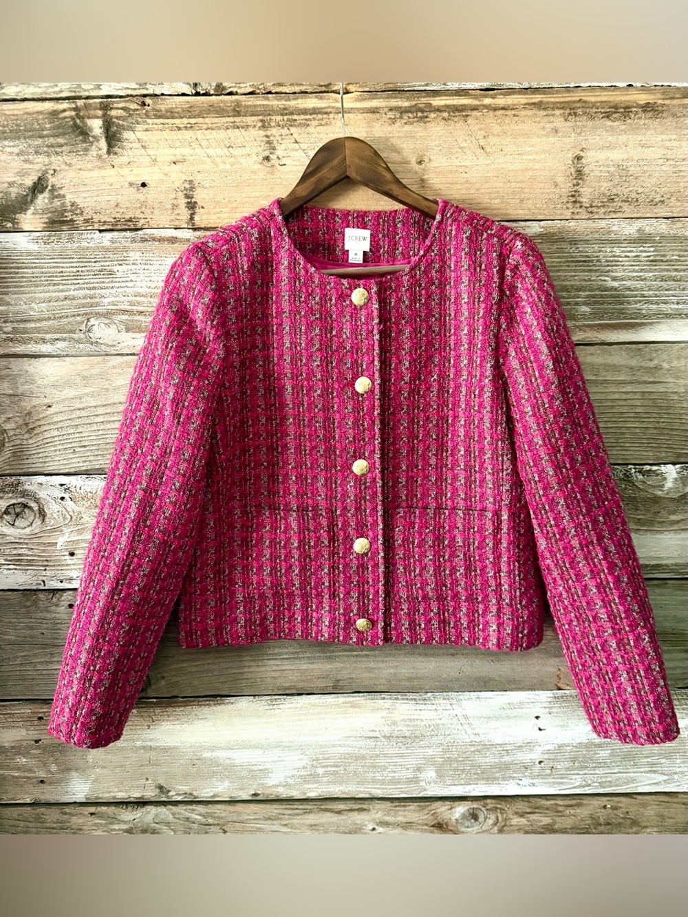 J.CREW Pink Tweed Bouclé Jacket Gold Crest Buttons Size 8 NWOT - Picture 2 of 10
